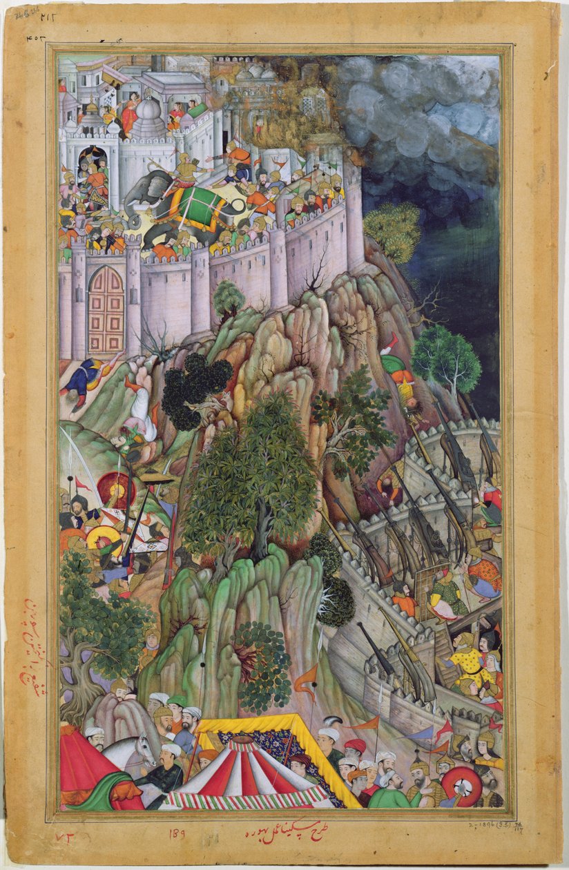 Akbarsin joukot piirittävät Rai Surjan Hadasin linnoitusta Ranthambhorista Rajasthanissa vuonna 1569 Akbarnamasta, Mughalista, n. 1590-1595 (läpinäkymätön wc ja kulta paperilla) tekijältä Indian School