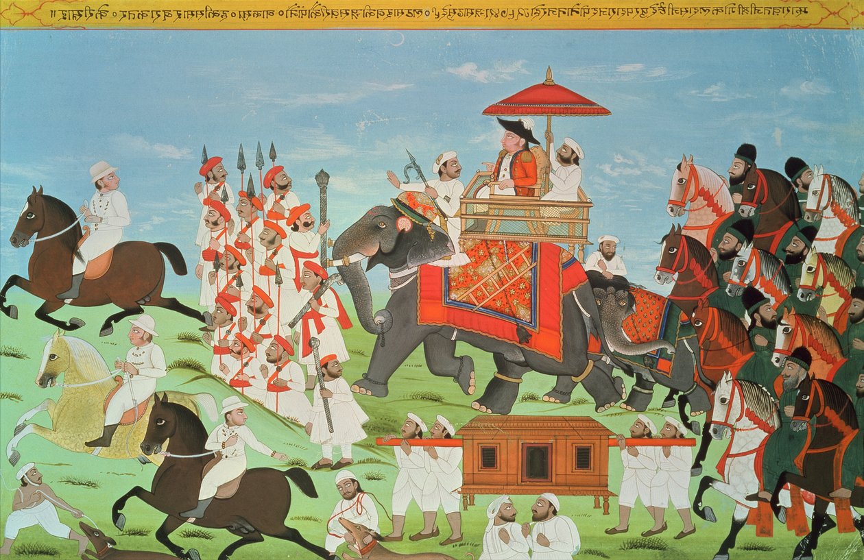 Eversti James Tod matkustamassa norsulla Rajasthanin läpi ratsuväkiensä ja sepoiensa (guassi) kanssa (katso myös 82777) tekijältä Indian School