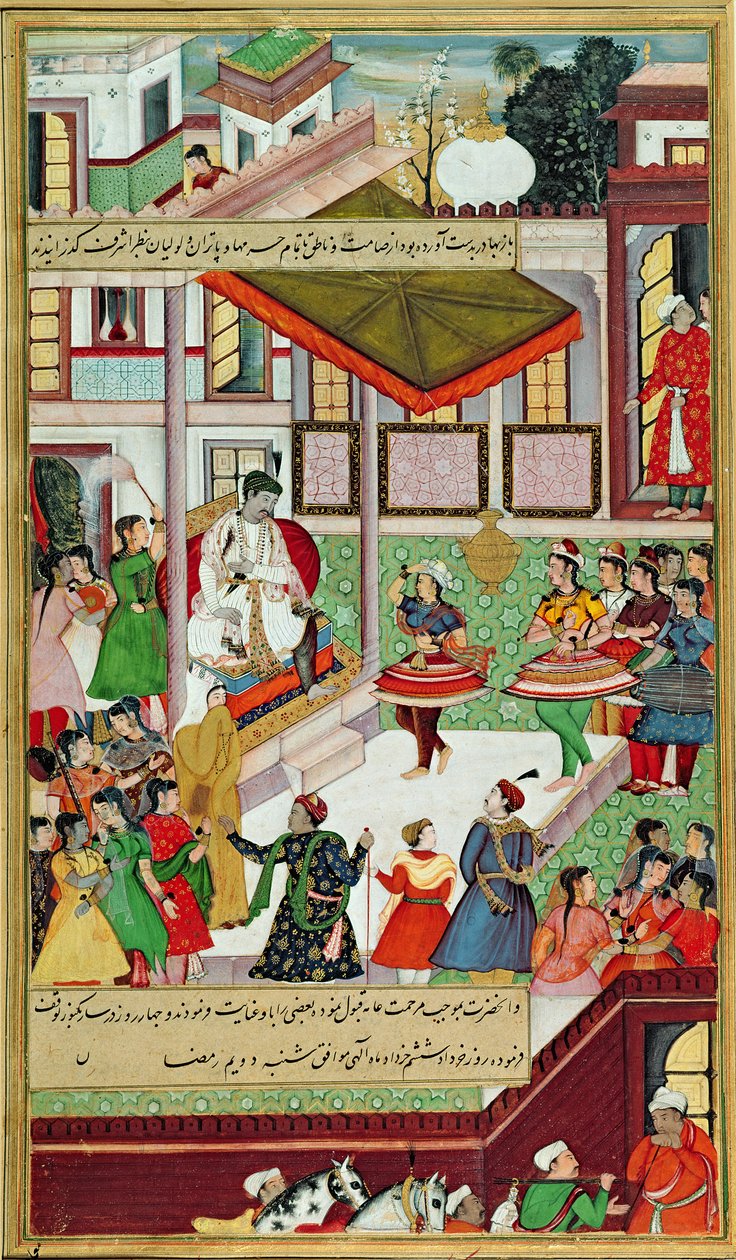 Tanssitytöt otettu Baz Bahadurin palatsista Malwassa, esittämässä kathak-tanssia ennen Akbaria, "Akbarnamasta", Mughal, 1561 tekijältä Indian School
