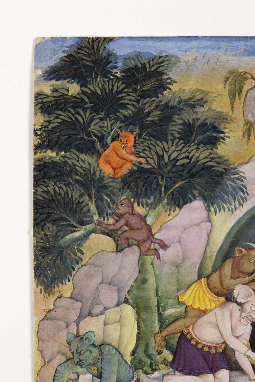 Yksityiskohta Demons in a Wild Landscapesta, n. 1600 (läpinäkymätön wc ja kultaa paperilla) tekijältä Indian School