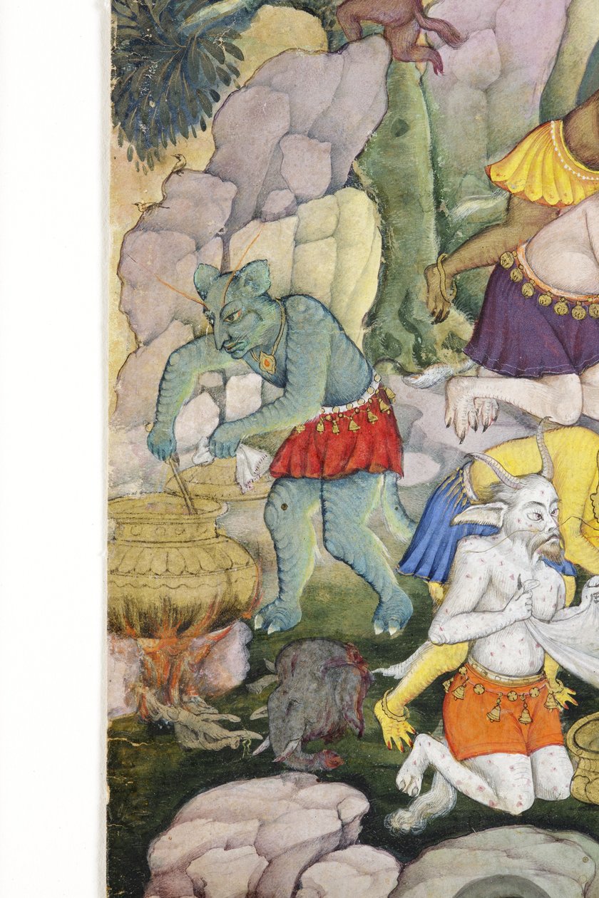 Yksityiskohta Demons in a Wild Landscapesta, n. 1600 (läpinäkymätön wc ja kultaa paperilla) tekijältä Indian School