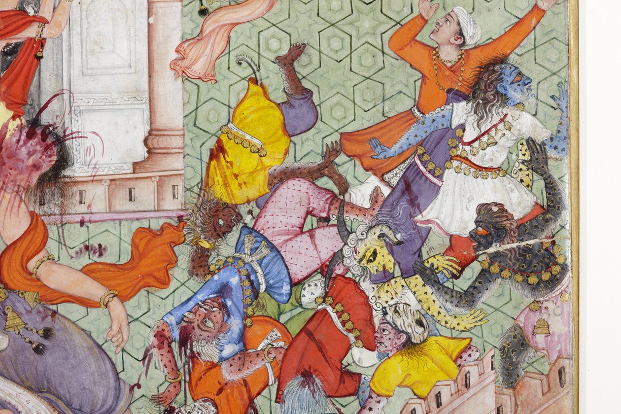 Yksityiskohta Krishna Cleaves the Demon Narakasura -levystä, n. 1585-1590 (läpinäkymätön wc ja kultaa paperilla) tekijältä Indian School