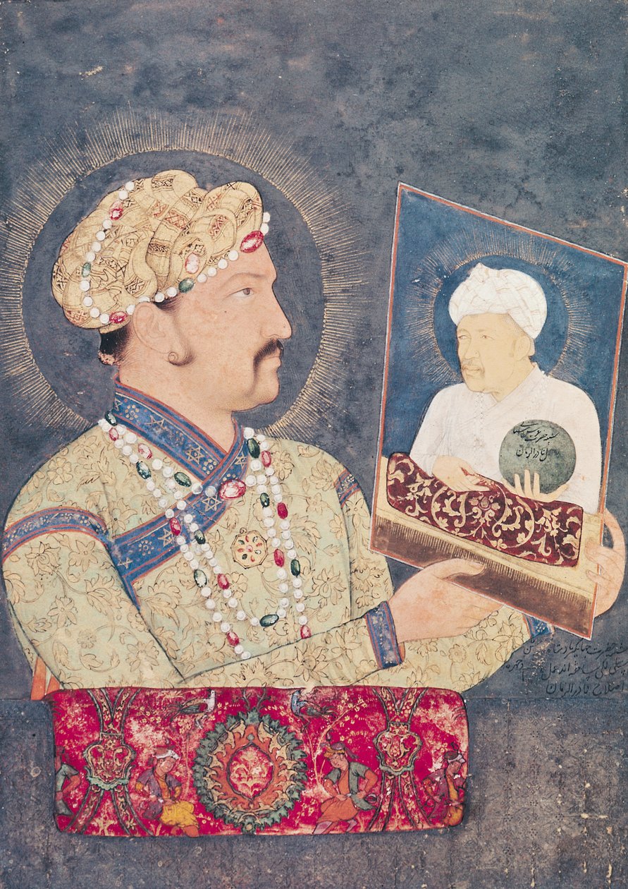 Keisari Jahangir (1569-1627) pitelee muotokuvaa keisari Akbarista (1542-1605) tekijältä Indian School