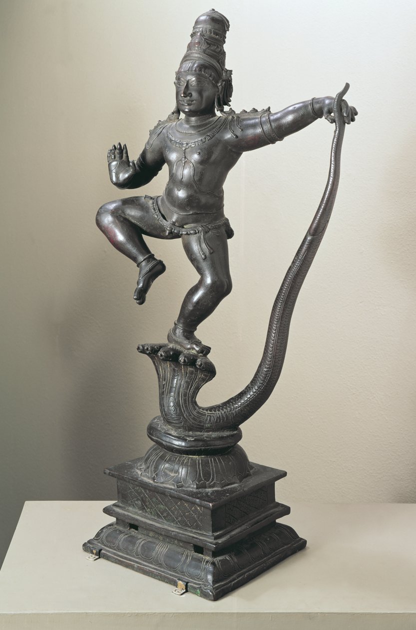 Krishna poikana alistamassa käärmeen Kalilya, Madras, 1500-1600-luku (pronssi) tekijältä Indian School