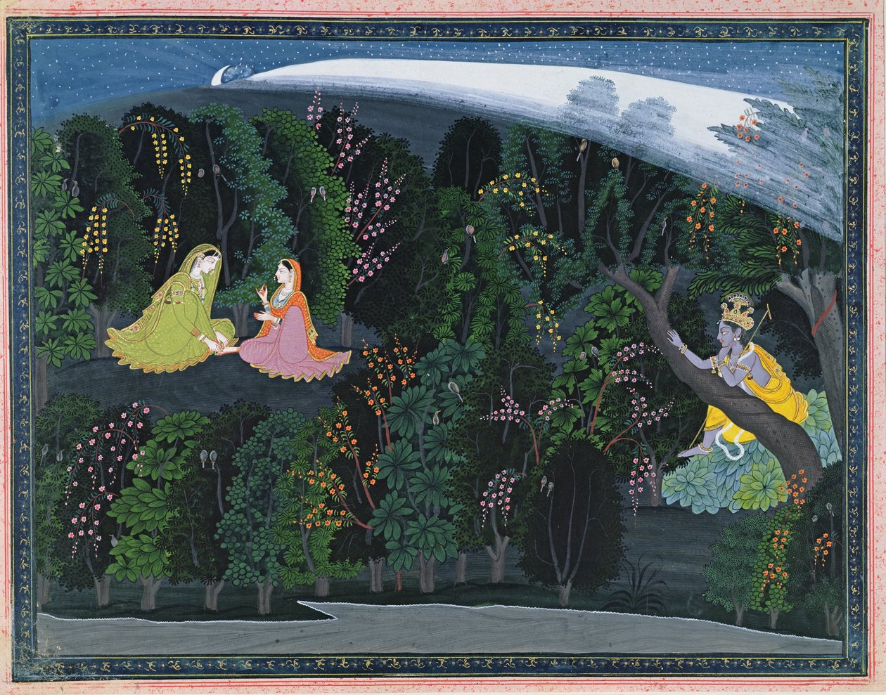 Krishna katselee kaipaavasti Radhaa, kuva Lumbagraon Gita Govinda -sarjasta, n. 1820-25 (läpinäkymätön wc ja kultaa paperilla) tekijältä Indian School