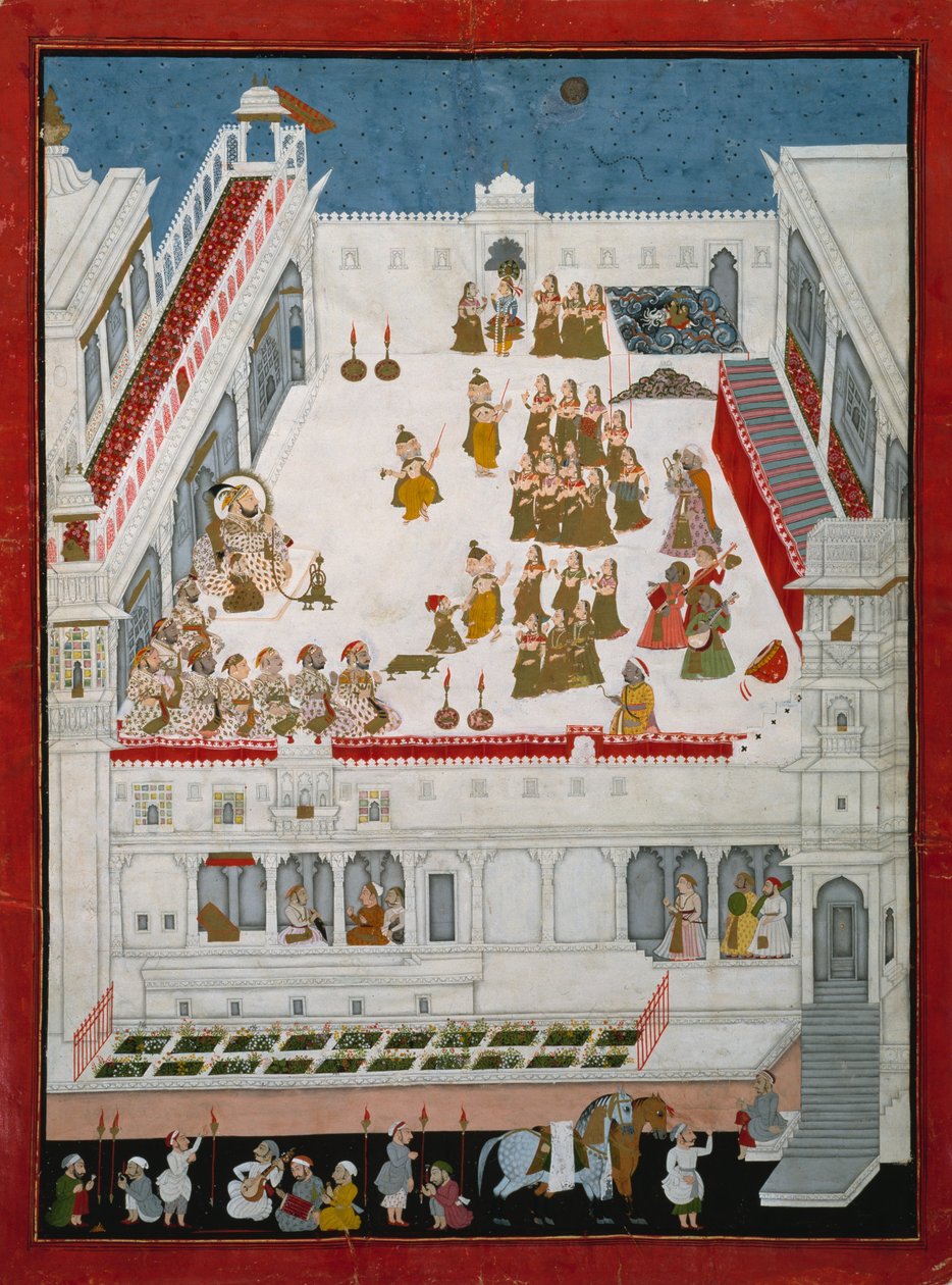 Maharana Jagat Singh II ja aateliset katsomassa Raslila-tanssidraamoja, n. 1736-40 (läpinäkymätön wc ja kultaa paperilla) tekijältä Indian School