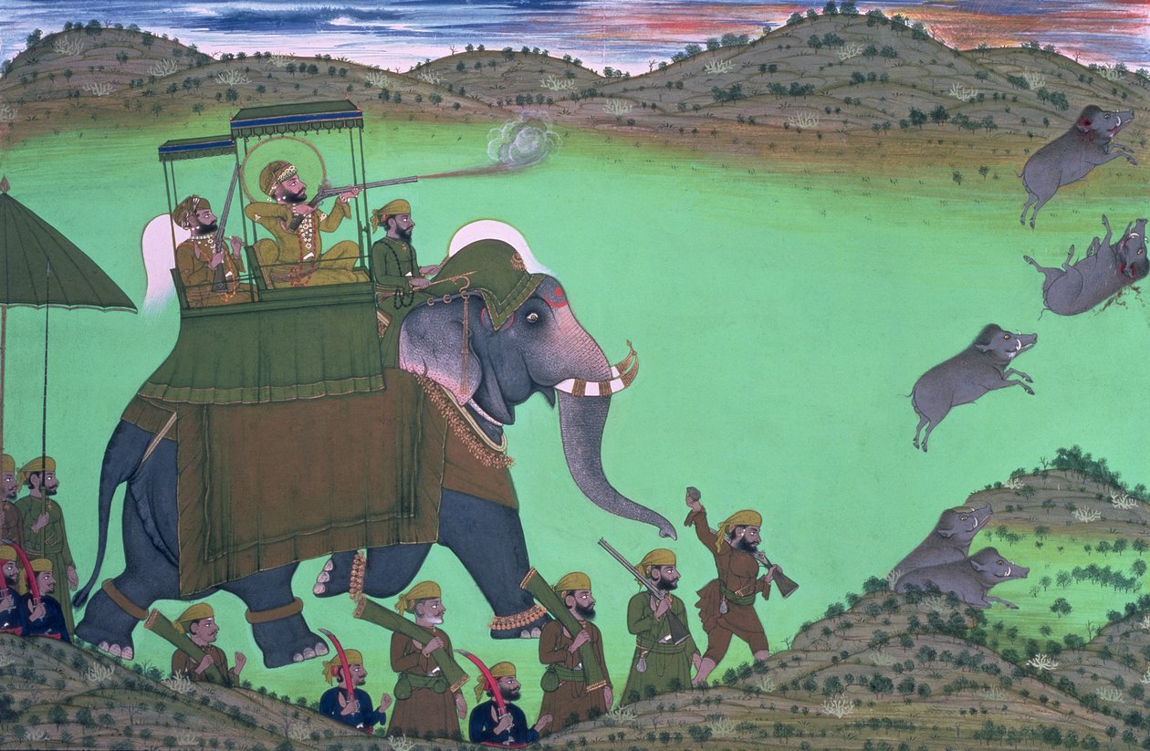 Udaipurin maharana Sarup Singh ampumassa villisikaa norsun selästä, Rajasthan, 1855. tekijältä Indian School