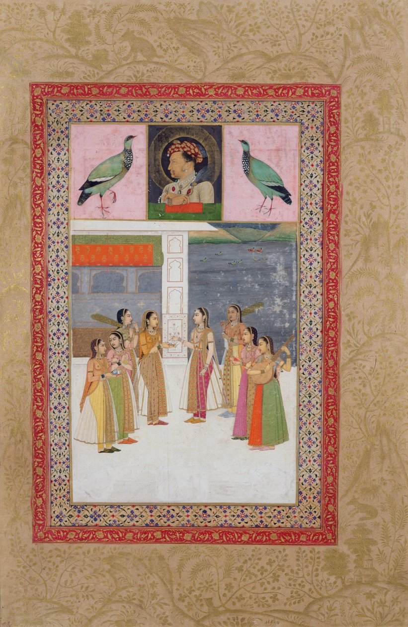 Ms E-14 Muotokuva Djahangirista (1569-1627) kahdesta linnusta ja jalo naisesta keskustelussa tekijältä Indian School