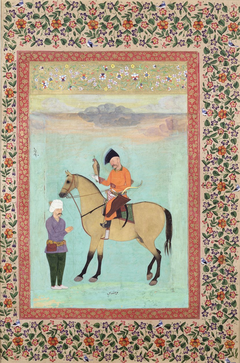 Ms E-14 Shah Abbas (1571-1629) hevosen selässä haukka kädessään, noin 1620. tekijältä Indian School