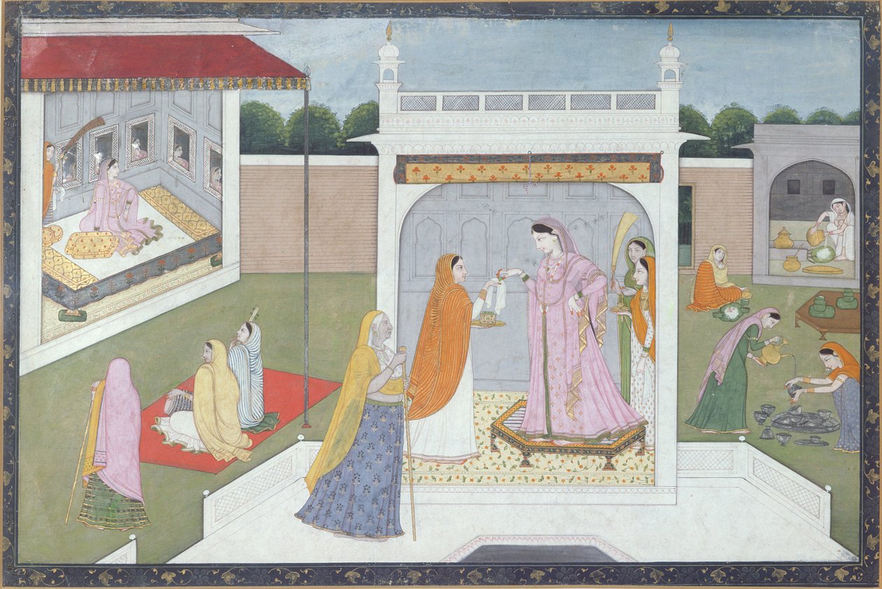 Palace Lady palvelijoineen, Kangra, n. 1790 tekijältä Indian School
