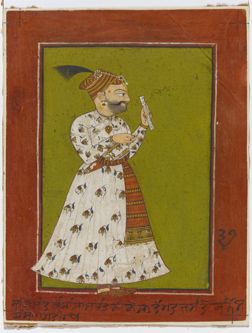 Muotokuva Raja Ajmer Chand of Kahlur, n. 1730 (läpinäkymätön wc ja kultaa paperilla) tekijältä Indian School
