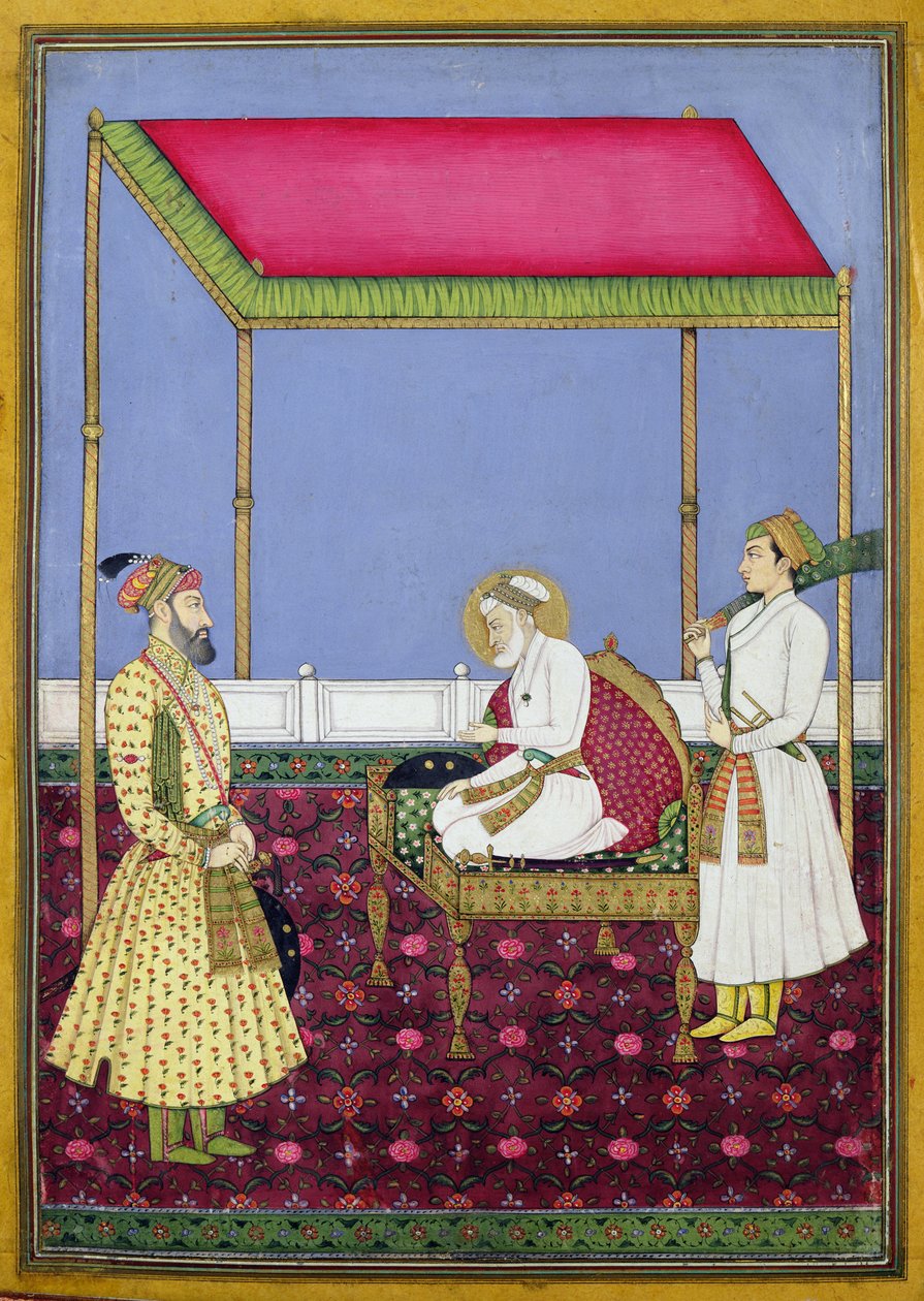 Keisari Aurangzeb vanhuudessa istumassa valtaistuimella, pienoismalli Muraqqa-albumista, 1700-luvun alku (guassi ja kultalehti paperilla) tekijältä Indian School
