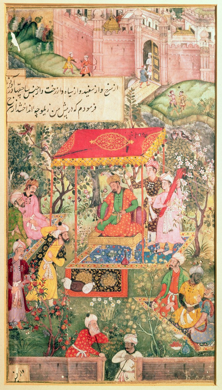 Mogulikeisari Babur vastaanottaa lähettiläät Uzbegin ja Rauputin Agran puutarhassa 18. joulukuuta 1528, keisari istuu valtaistuimella katoksen alla; taustalla näkyy Agran linnoitus, tekijältä Indian School