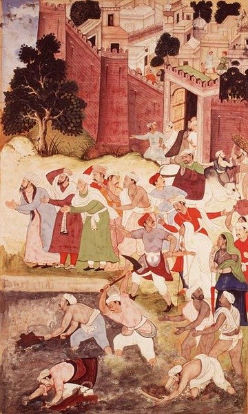 Kukur Talaoan puhdistaminen lähellä Nagoria, Akbarnamasta, Mughalista, 1590-95 (läpinäkymätön wc ja kulta paperilla) tekijältä Indian School