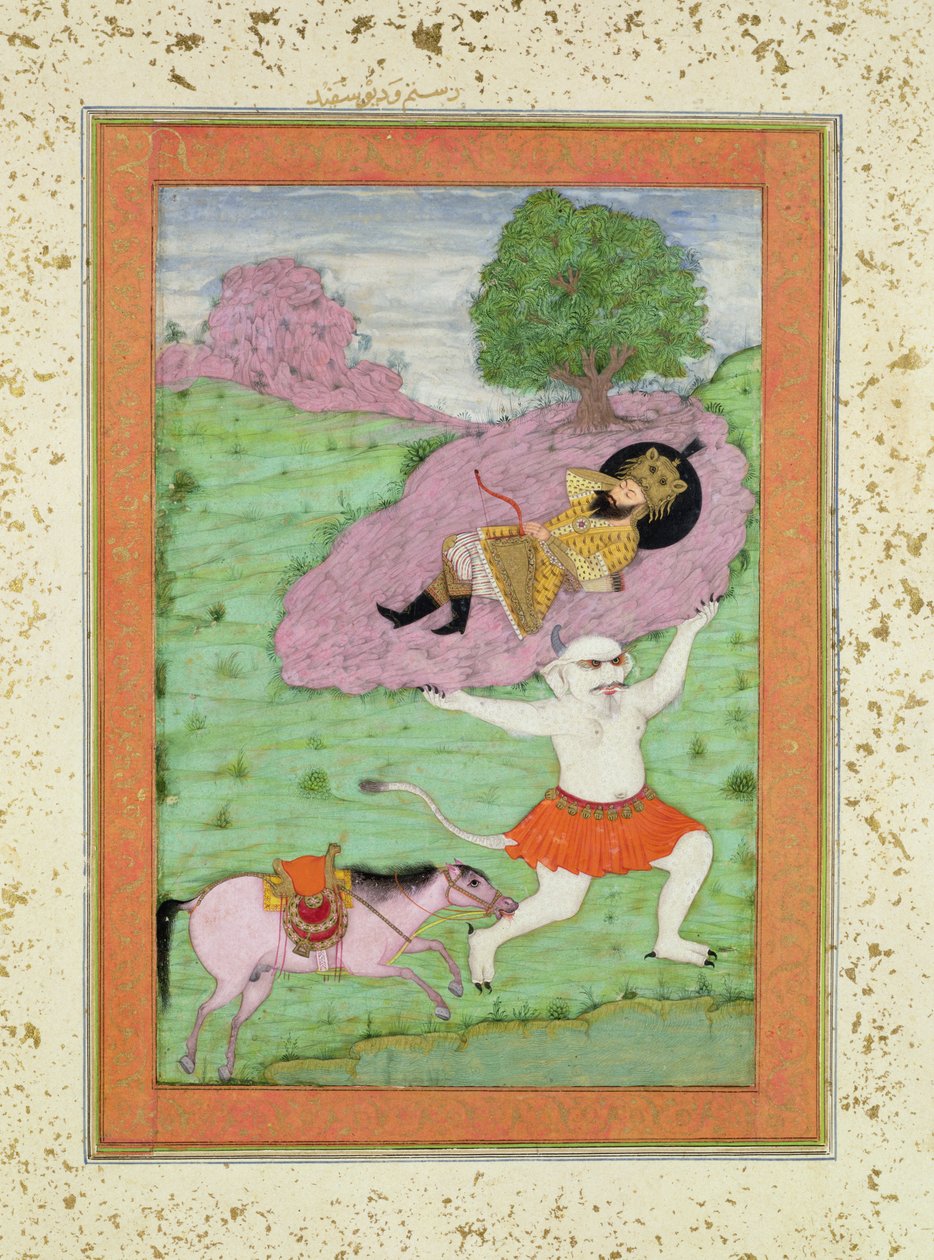 Valkoinen demoni kantamassa pois nukkuvan Rustamin, kuvitus "Shahnamasta" (Kuninkaiden kirja), kirjoittaja Abu