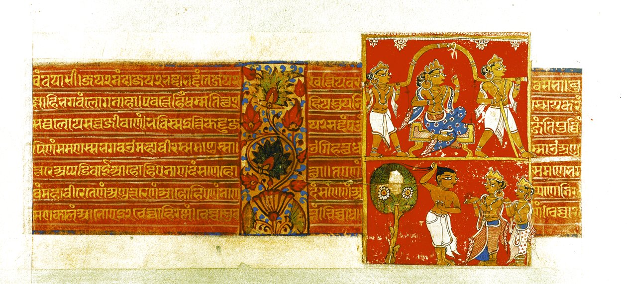 Kaksi kohtausta Kalpasutrasta, Mandu, 1439 (guassi ja kulta paperilla) tekijältä Indian School