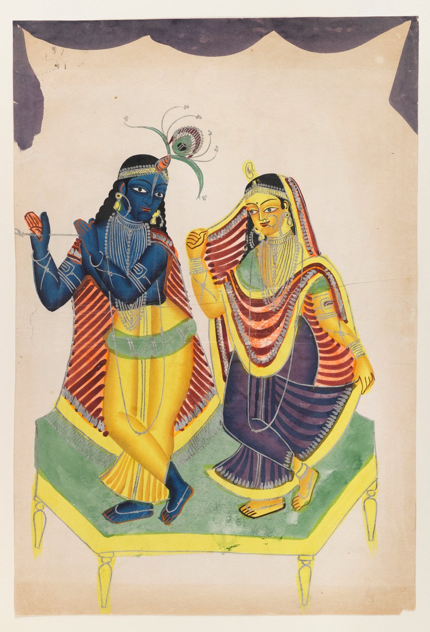 Krishna ja Radha, 1800-luvun loppu - 1900-luvun alku (wc paperilla kiillotetuilla tinaaksenteilla) tekijältä Indian School