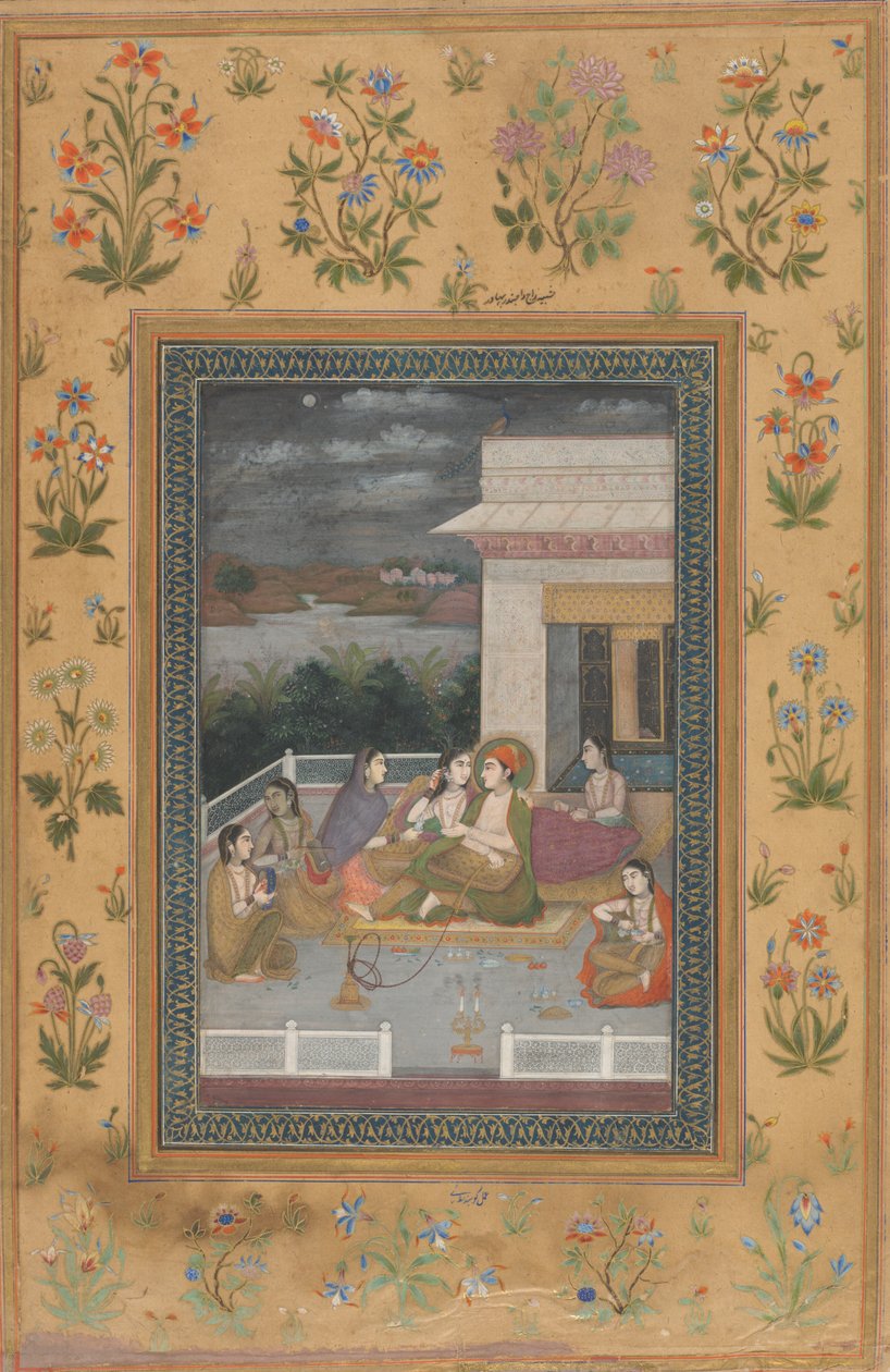 Pariskunta terassilla palvelijoiden ja muusikoiden ympäröimänä tekijältä Indian 18th Century