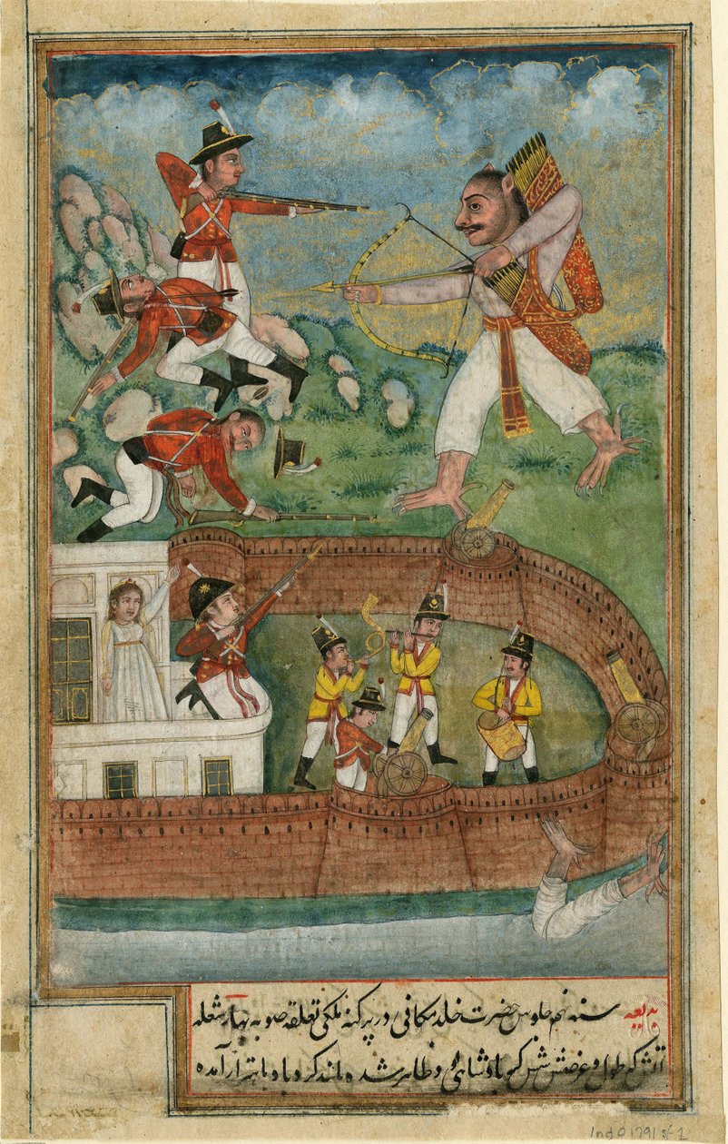 Intialaiset demonit hyökkäävät eurooppalaisten joukkojen puolustamaan linnoitukseen, n. 1790 tekijältä Indian Art