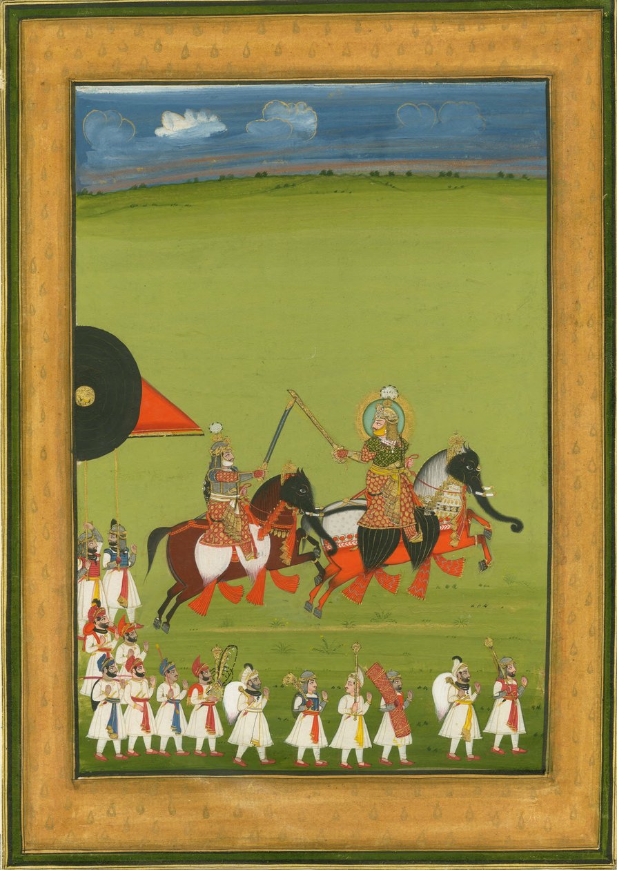 Rajah ja poika hevosten selässä elefantteiksi naamioituneena ja palvelijasarja, n. 1810 tekijältä Indian Art
