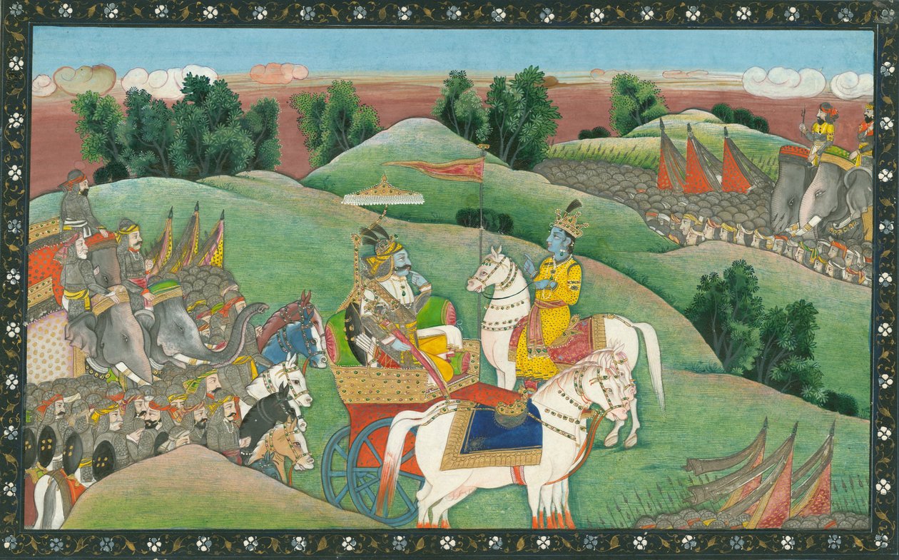 Dialogi Lord Krishnan ja Arjunan välillä, n. 1830 tekijältä Indian Art