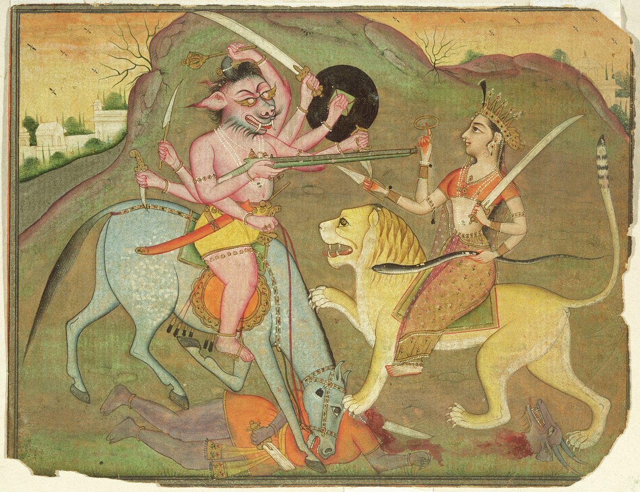 47.110/174 Durga taistelussa Mahishasuran kanssa, Devi Mahatmyan foliosta, Devanagari, Text on Rivers, Bikaner, Rajasthan, Rajput School tekijältä Indian School