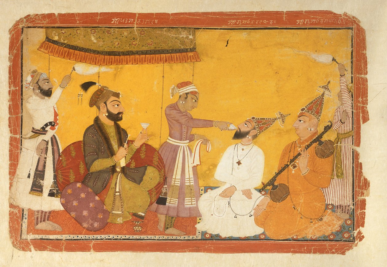 ]7.110359 Gosain Narayan ottaa myrkkyä keisari Jahangirin läsnäollessa Nurpurissa, Pahari-koulussa, 1725 tekijältä Indian School