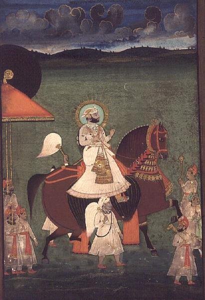 AS10 Albumi 43 no.4514 Kissanro. 514 iii Mewarin Rana Sarup Singh (1842-61) ratsastaa kastanjaorilla, hänen jalkansa pitimet kantavat aurinkovarjoja ja kuninkaallisia asusteita, Udaipur, n. 1855 tekijältä Indian School
