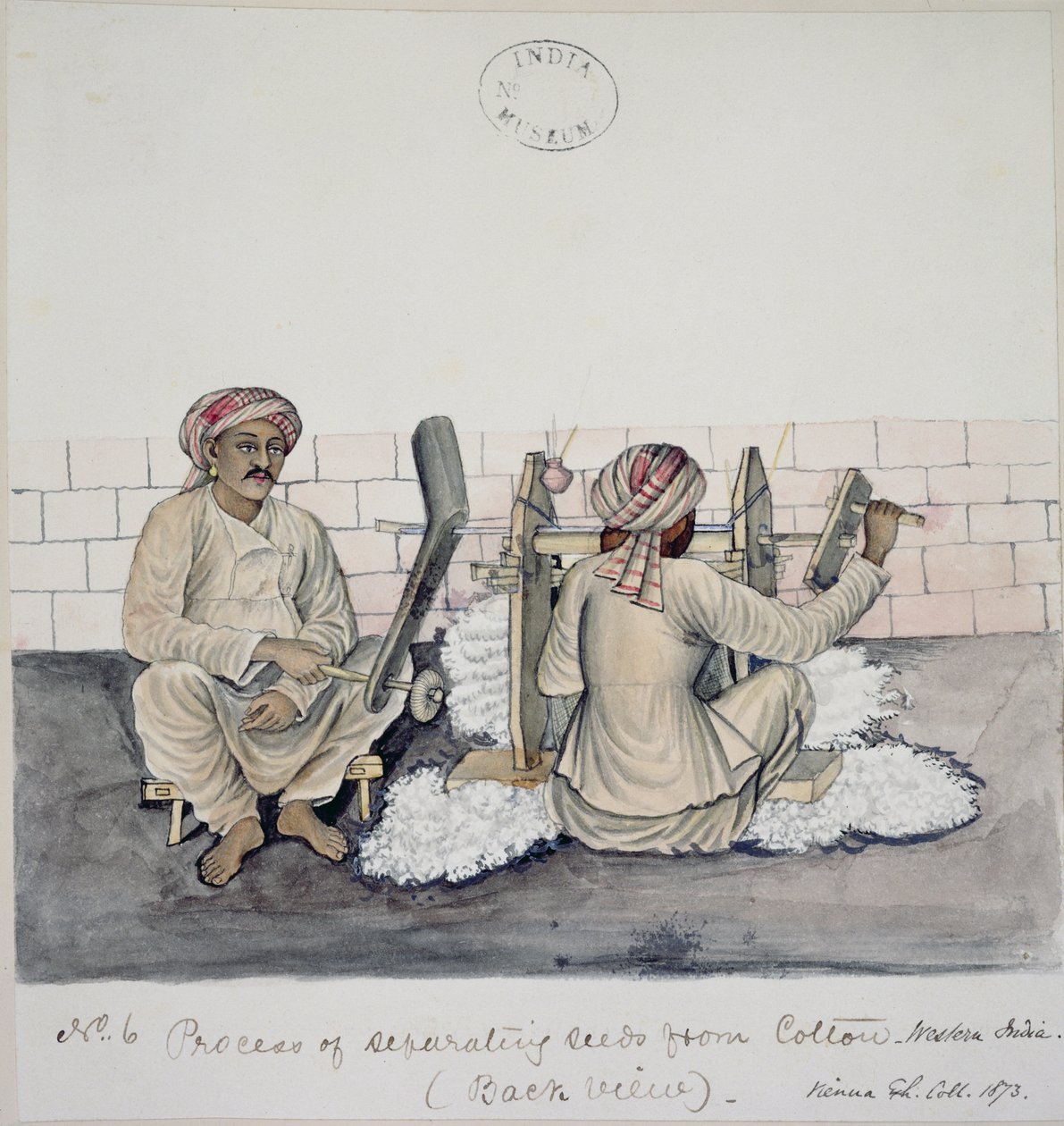AS10 Vol.52 ff.3 4896.cat.201 i-iv Kaksi miestä puuvillan siementenpoistossa, Bombay, n. 1873 (akvarelli paperille) tekijältä Indian School