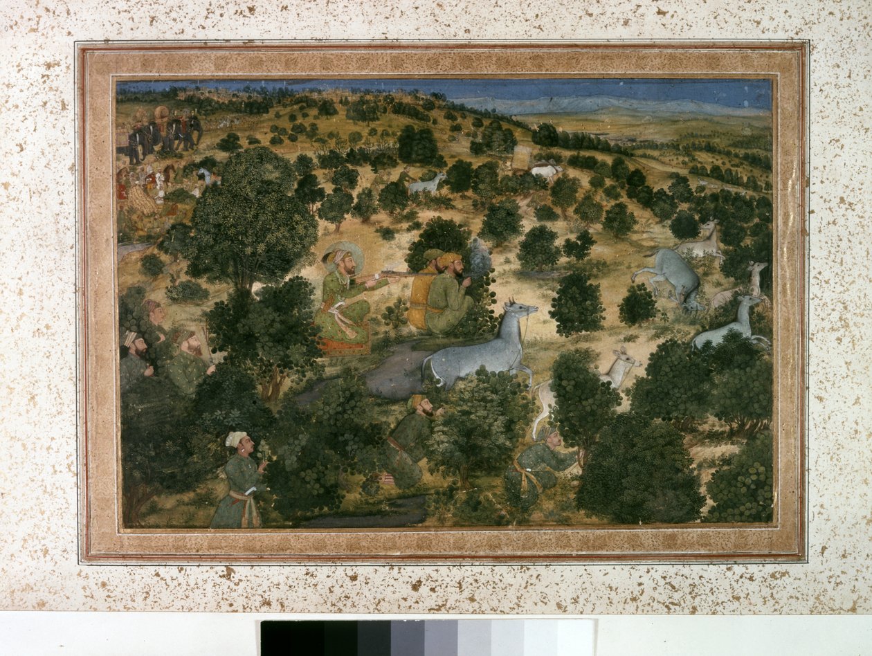 AURANGZEB: Awrangzib Hunts Nilgais, n.1660 (pienoiskuva). tekijältä Indian School