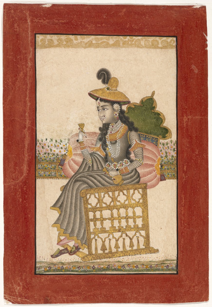 Bejeweled Lady, Kota School, 1690-1720 (guassi kullalla paperilla) tekijältä Indian School