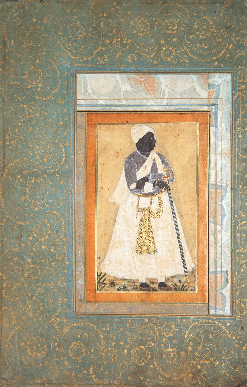 Musta mies nojaa pitkälle sauvalle, n. 1682 (läpinäkymätön wc ja kultaa paperilla) tekijältä Indian School