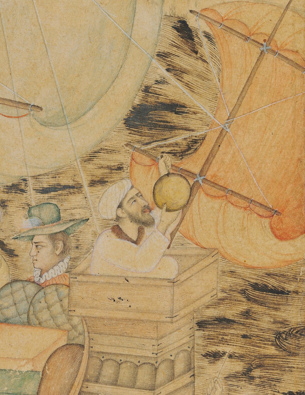 Merihirviön hyökkäämä karavelli, Mughal Intia, n. 1590 (läpinäkymättömät pigmentit, joita on korostettu kullalla ja hopealla paperilla) tekijältä Indian School