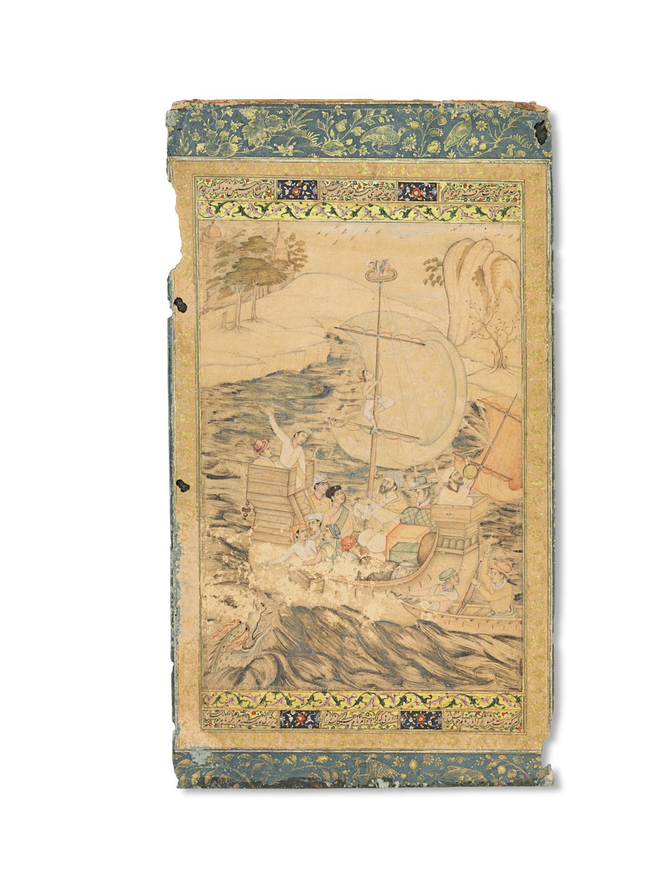 Merihirviön hyökkäämä karavelli, Mughal Intia, n. 1590 (läpinäkymättömät pigmentit, joita on korostettu kullalla ja hopealla paperilla) tekijältä Indian School