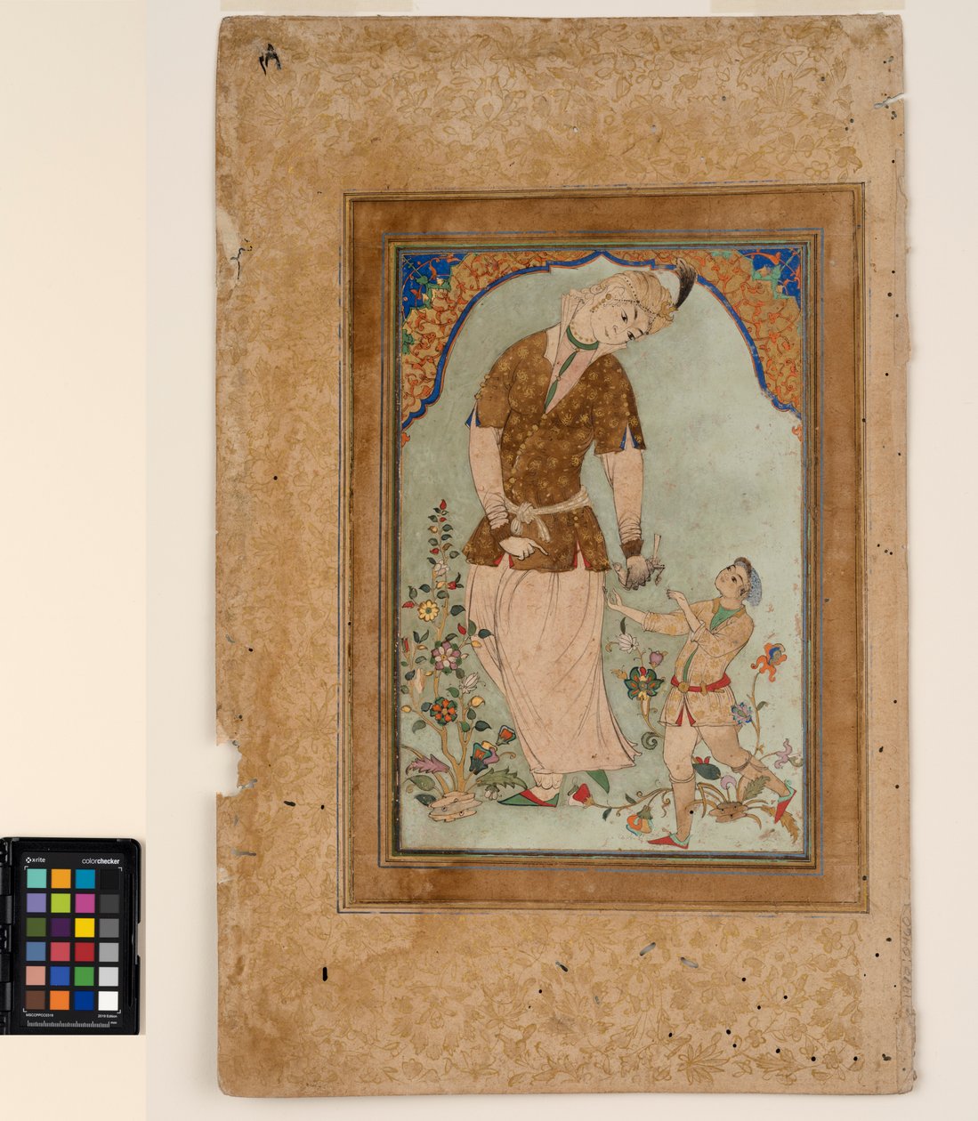 Haukkamies ottaa saaliinsa sivulta, n. 1580 (läpinäkymätön akvarelli ja kulta paperille, kiinnitetty albumin sivulle) tekijältä Indian School