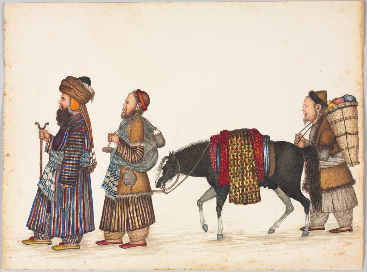 Tataarien perhe, n. 1885 (muste, akvarelli ja kulta paperille) tekijältä Indian School