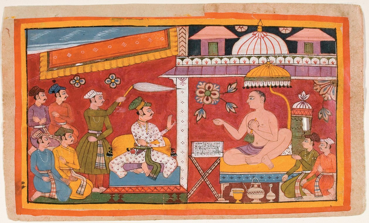 Jain-opettaja vastaanottaa prinssin ja hänen seuransa tekijältä Indian School