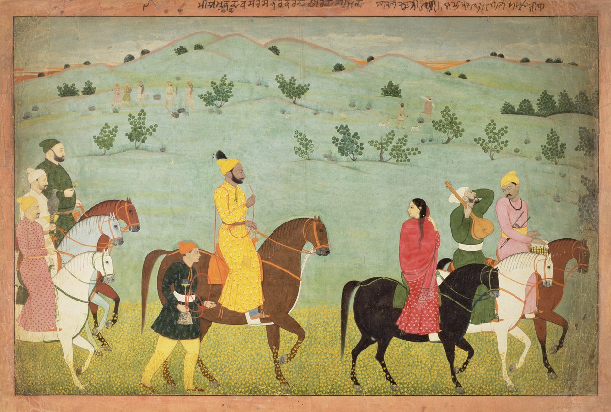 Jasrota-prinssi, mahdollisesti Balwant Singh, ratsastusmatkalla, Nainsukh (fl. 1740-50) Kashmir, n. 1751 tekijältä Indian School