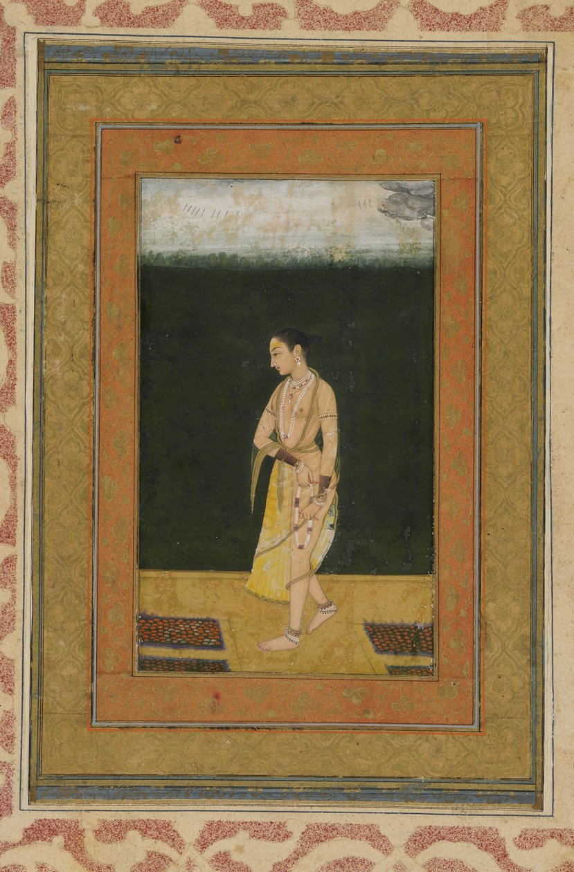 Nainen kävelee puutarhassa, Albumin folio maalauksella, n. 1730 tekijältä Indian School