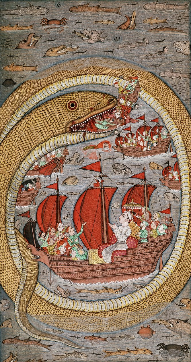 Kuninkaallista laivastoa syövä hirviömäinen käärme, n. 1670-1690 tekijältä Indian School