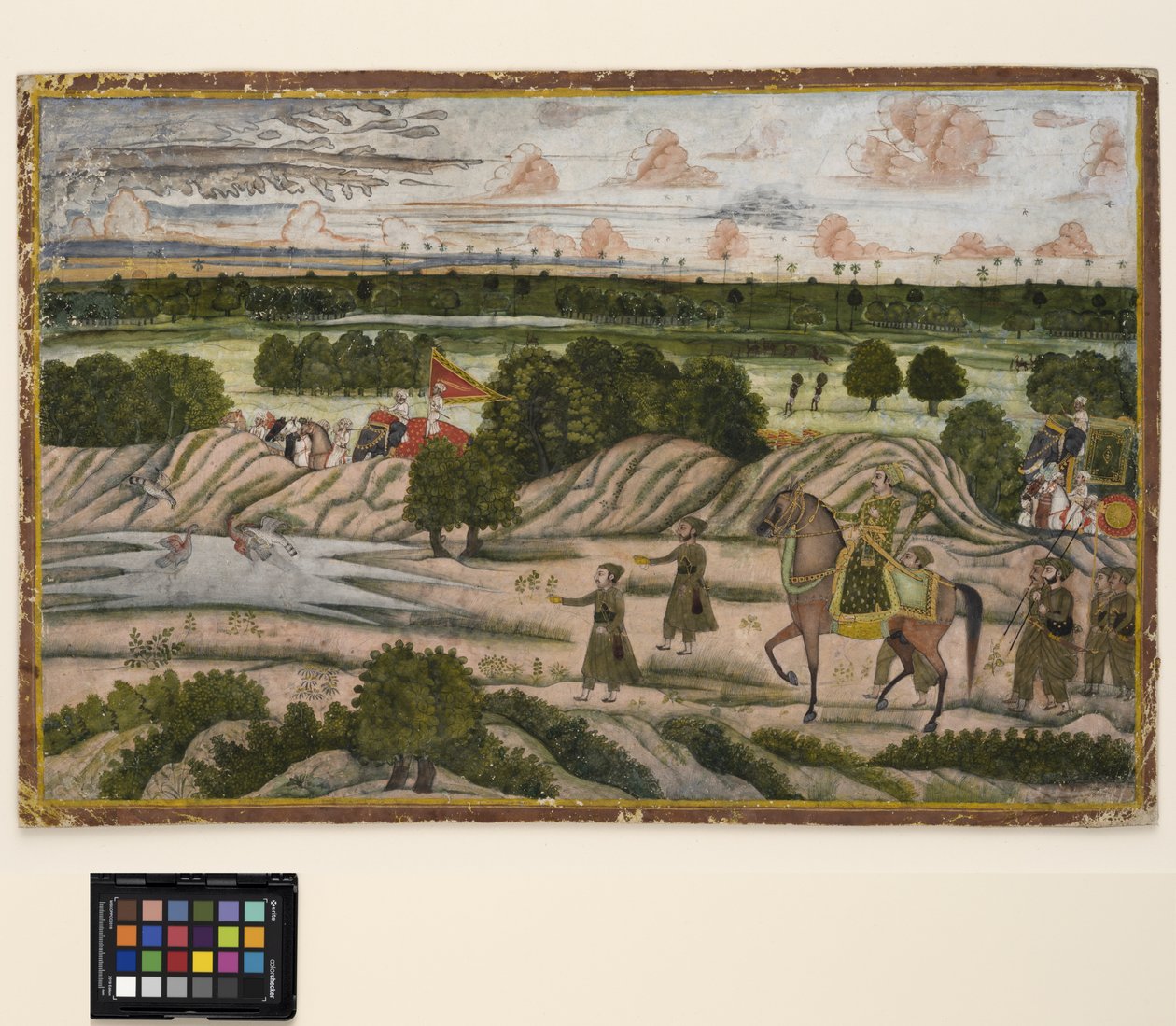 Nawab ja hänen pidättäjänsä metsästysmatkalla, n. 1780 (läpinäkymätön akvarelli ja kulta paperilla) tekijältä Indian School