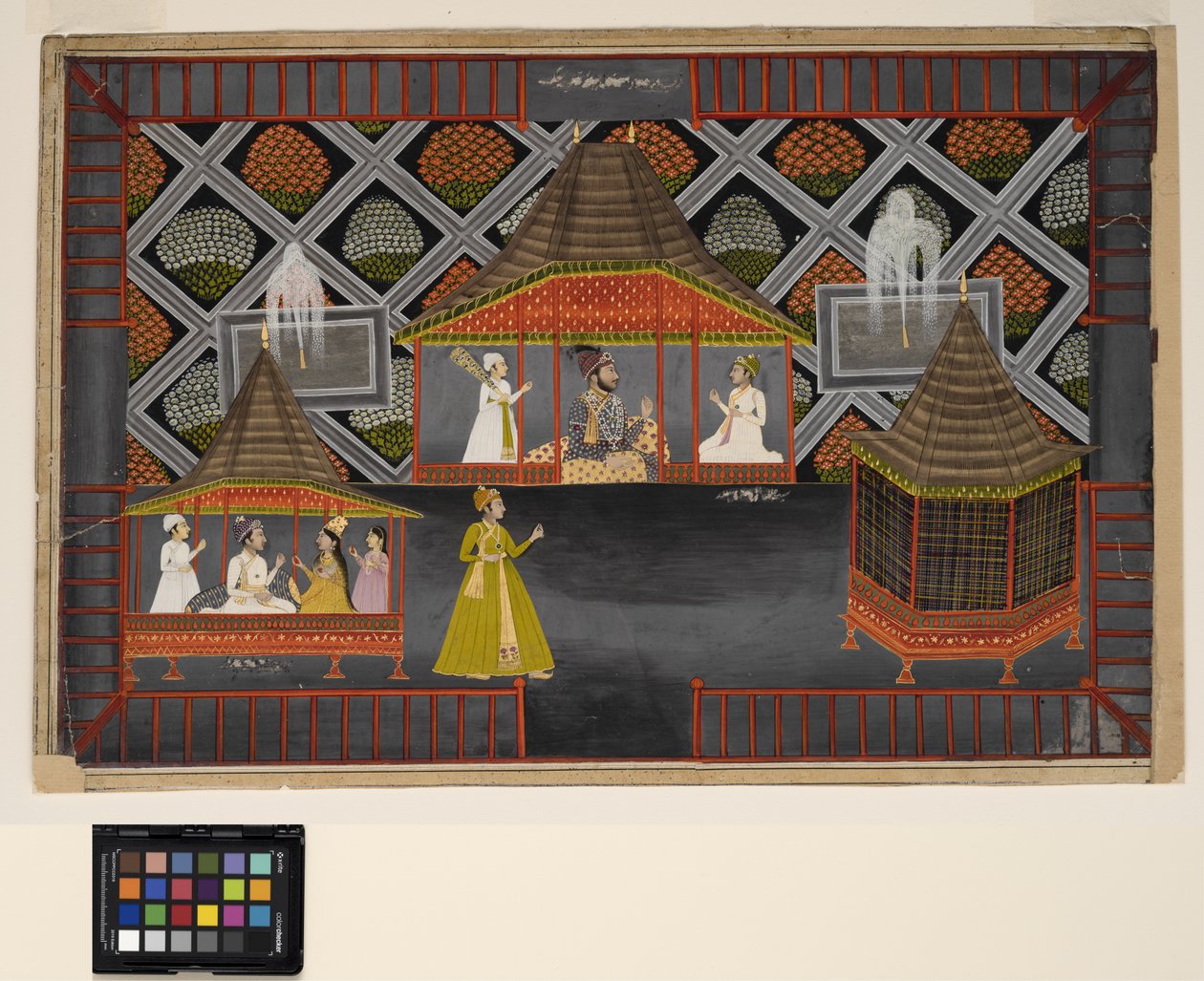 Nawab ja hänen poikansa puutarhapaviljongissa, n. 1770 (läpinäkymätön w/c, hopeaa ja kultaa paperilla) tekijältä Indian School