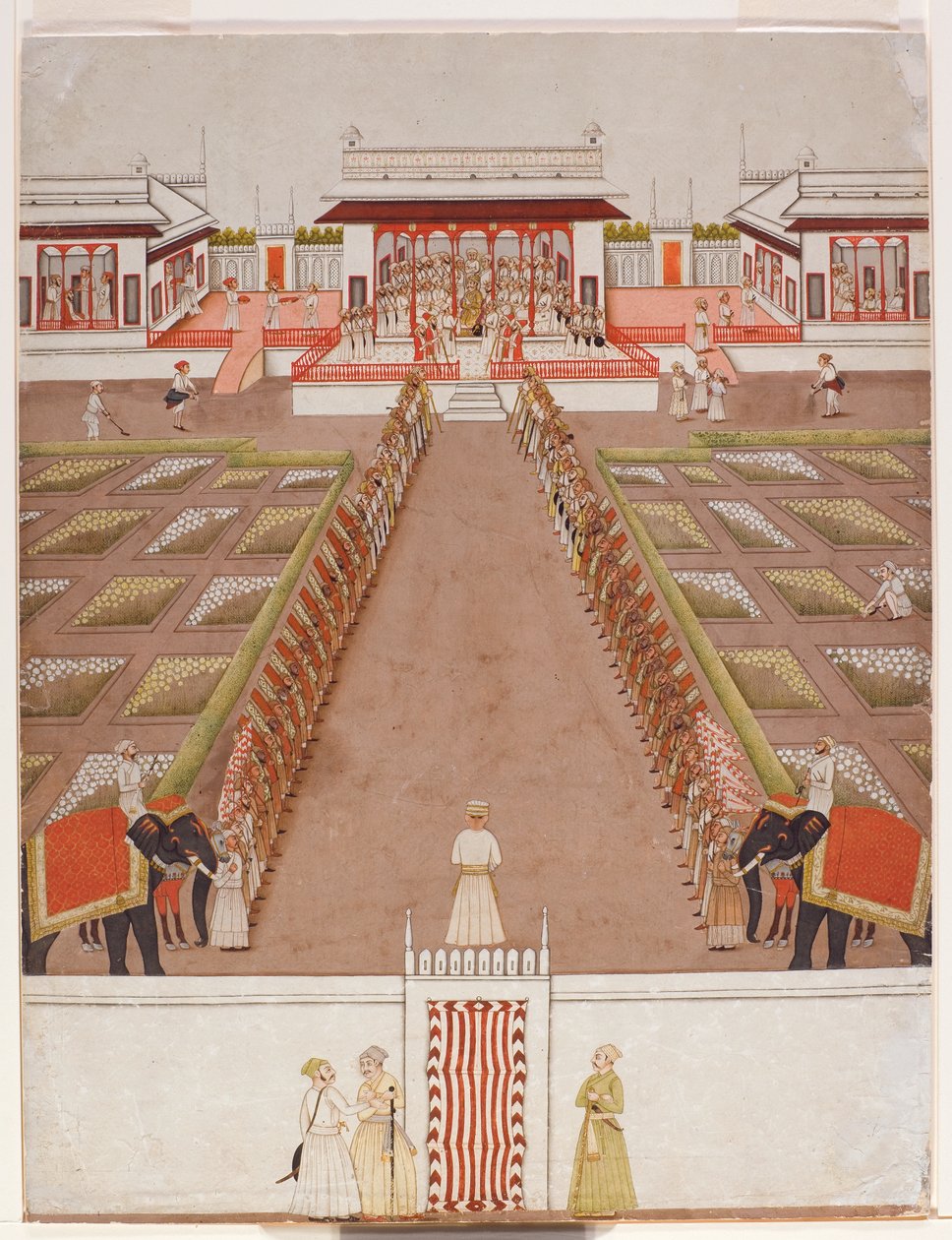 Nawab-piha paviljongissa, pidättimien ja kahden norsun takana, n. 1765 (läpinäkymätön wc ja kultaa paperilla) tekijältä Indian School