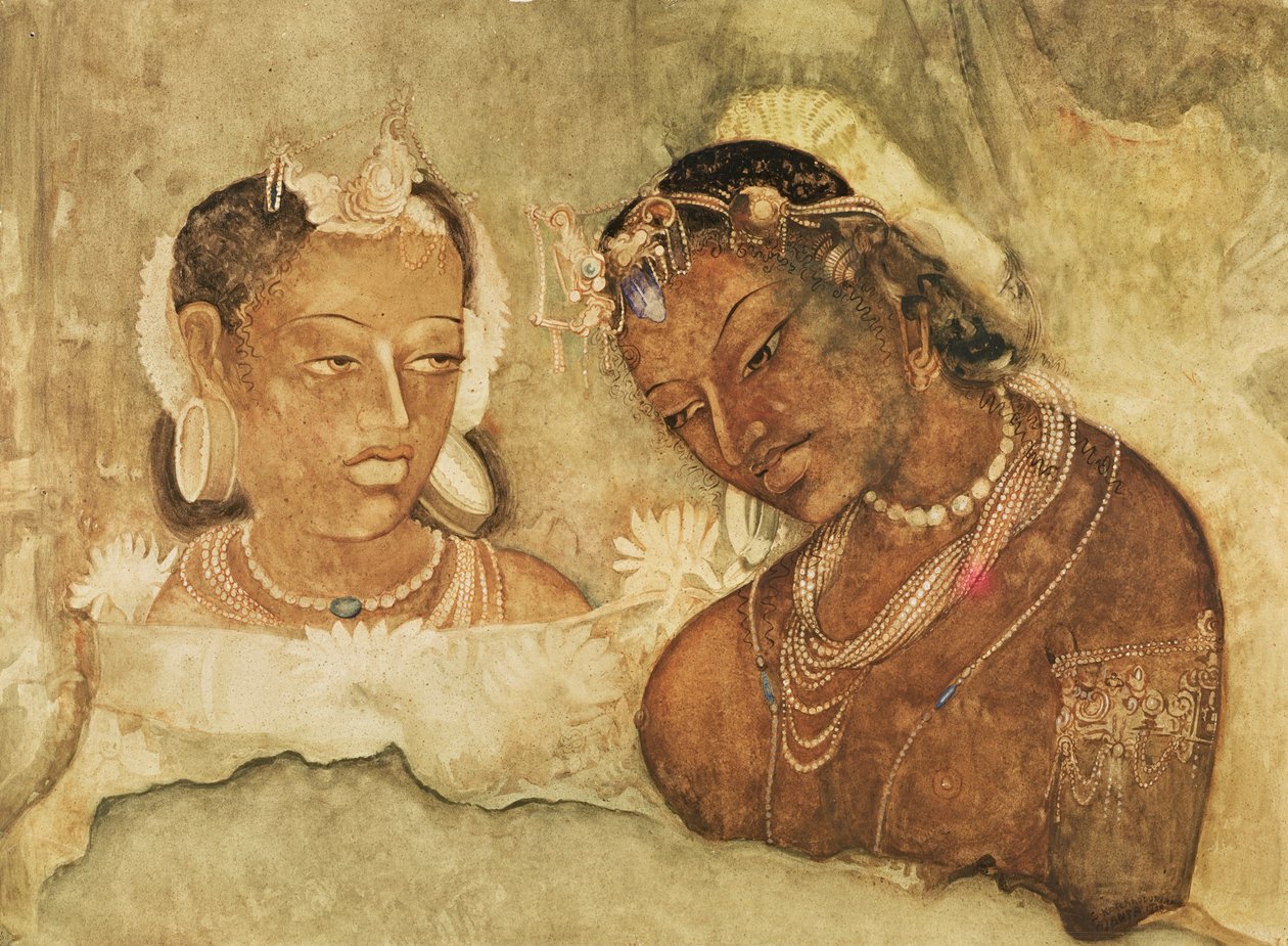 Prinsessa ja hänen palvelijansa, kopio fresosta Ajantan luolista, Intiasta tekijältä Indian School