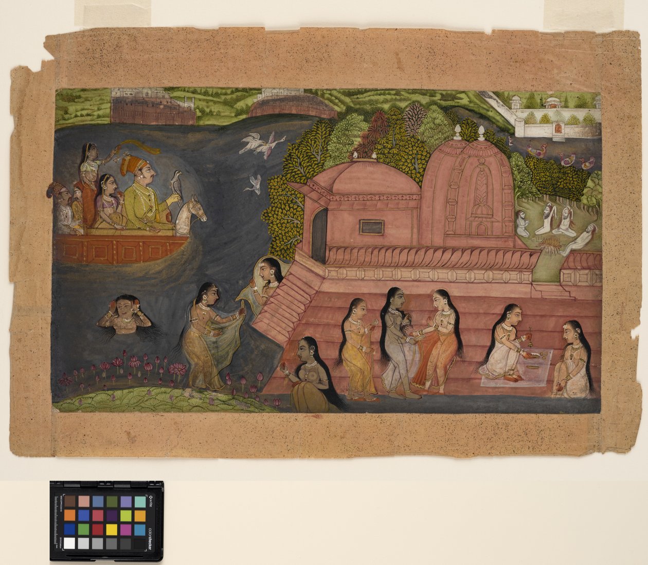 Veneestä haukkuva Raja törmää kylpeviin kaunottareihin temppelin luona, n. 1695 (läpinäkymätön akvarelli ja kulta paperilla) tekijältä Indian School