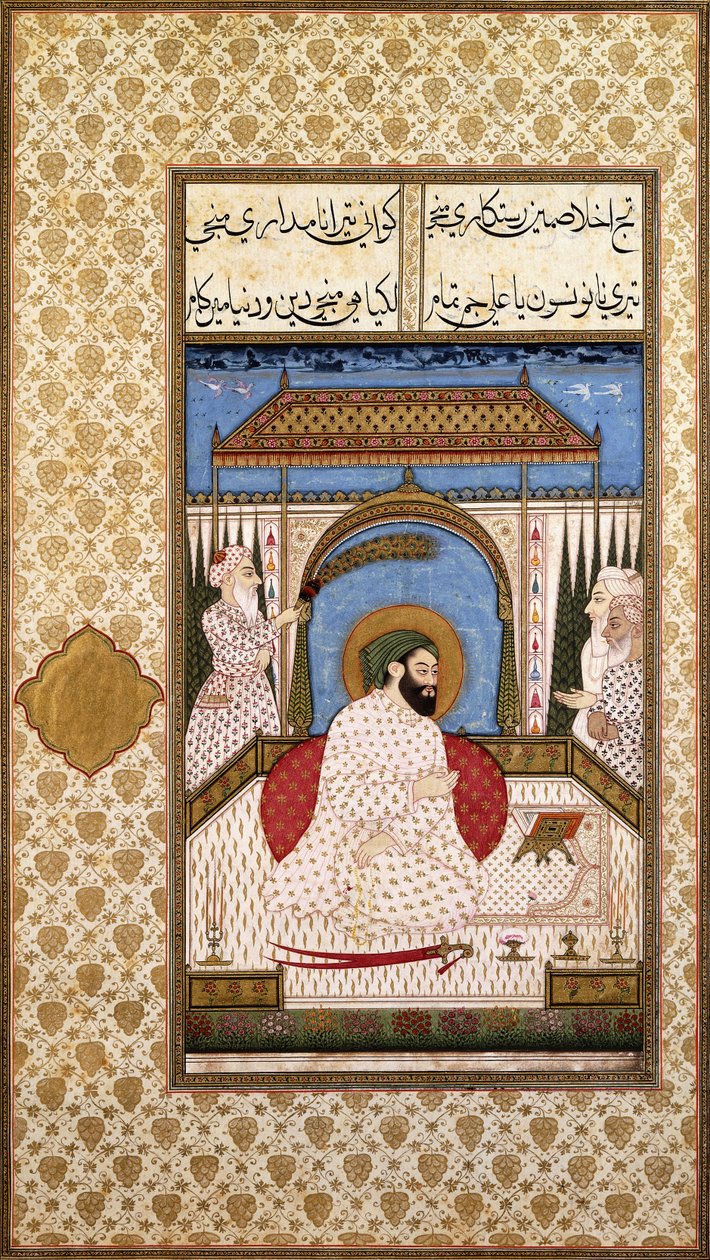 Sufi hallitsija Nimbate lukemassa Koraania terassilla, n. 1700 tekijältä Indian School
