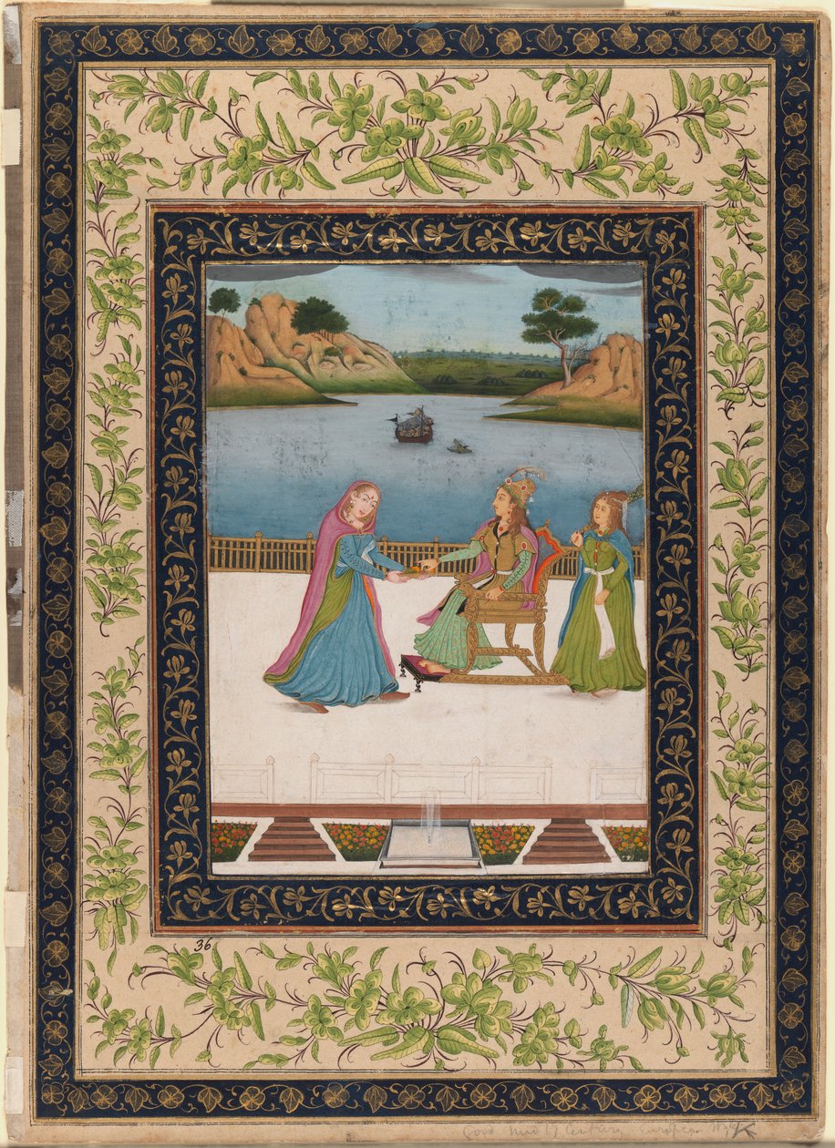 Naiselle tarjoillaan hedelmiä terassilla, n. 1770 (läpinäkymätön wc, kultaa ja hopeaa paperilla) tekijältä Indian School