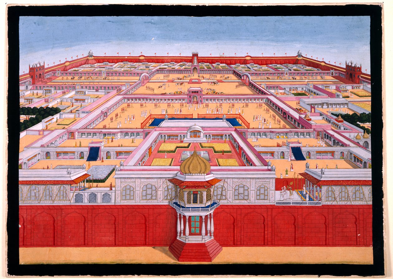 Delhin Punaisen linnoituksen linnunäkymä idästä, jossa näkyy keisari, luultavasti Shah Alam (1759-1806), astumassa oikealla olevaan Diwan-i-Khasiin, n. 1780-90 (peittävä akvarelli)). tekijältä Indian School