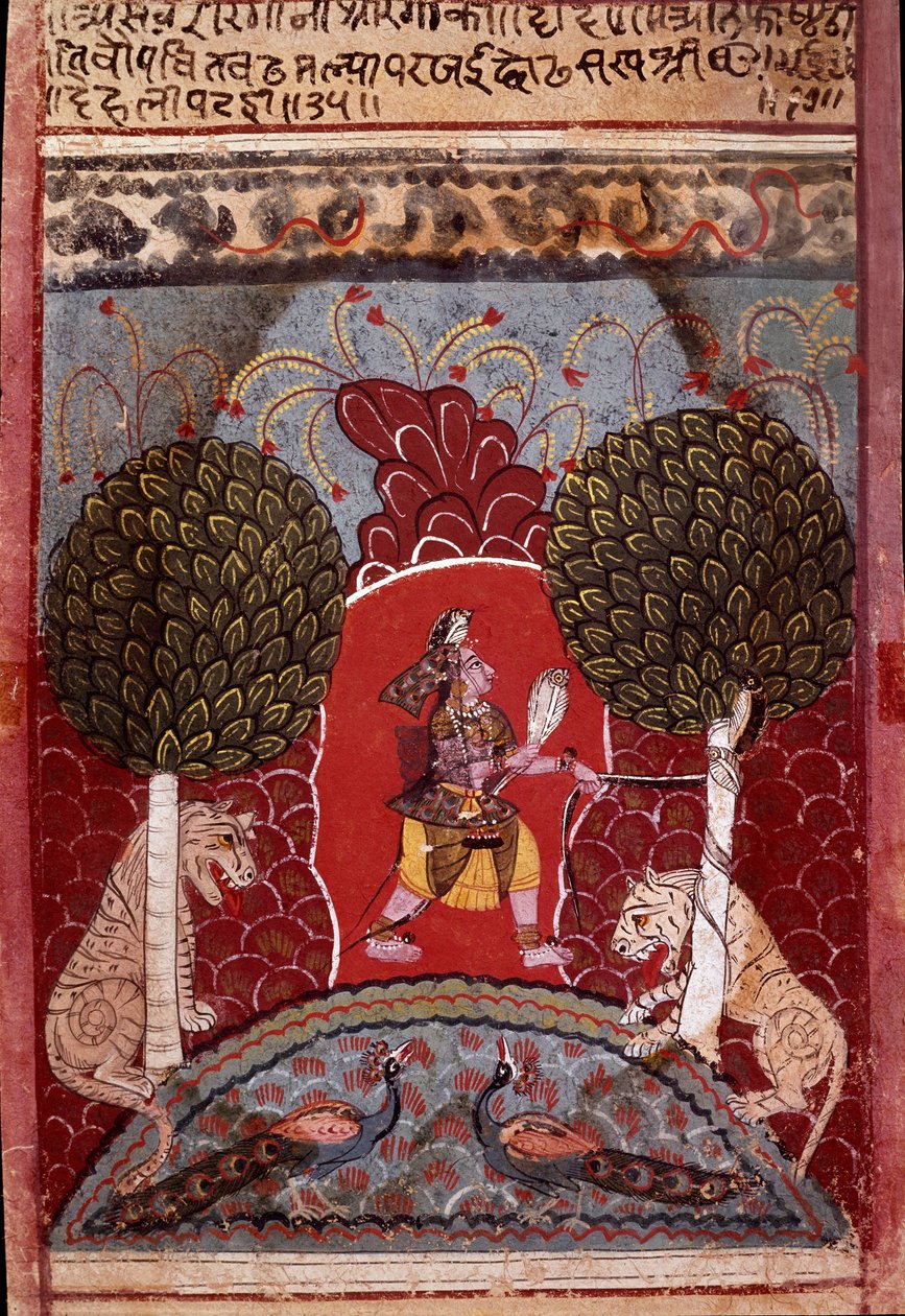 Kobra-käärme on vangittu eläinten asuttamassa metsässä. Malwan koulun pienoismalli (intialainen) noin 1680 Yksityinen kokoelma tekijältä Indian School