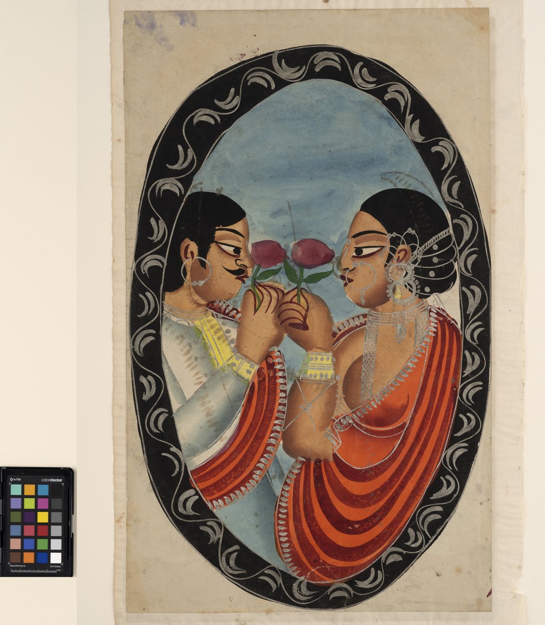 Fop vierailee kurtisaanin luona (recto), n. 1880 (akvarelli paperille) tekijältä Indian School